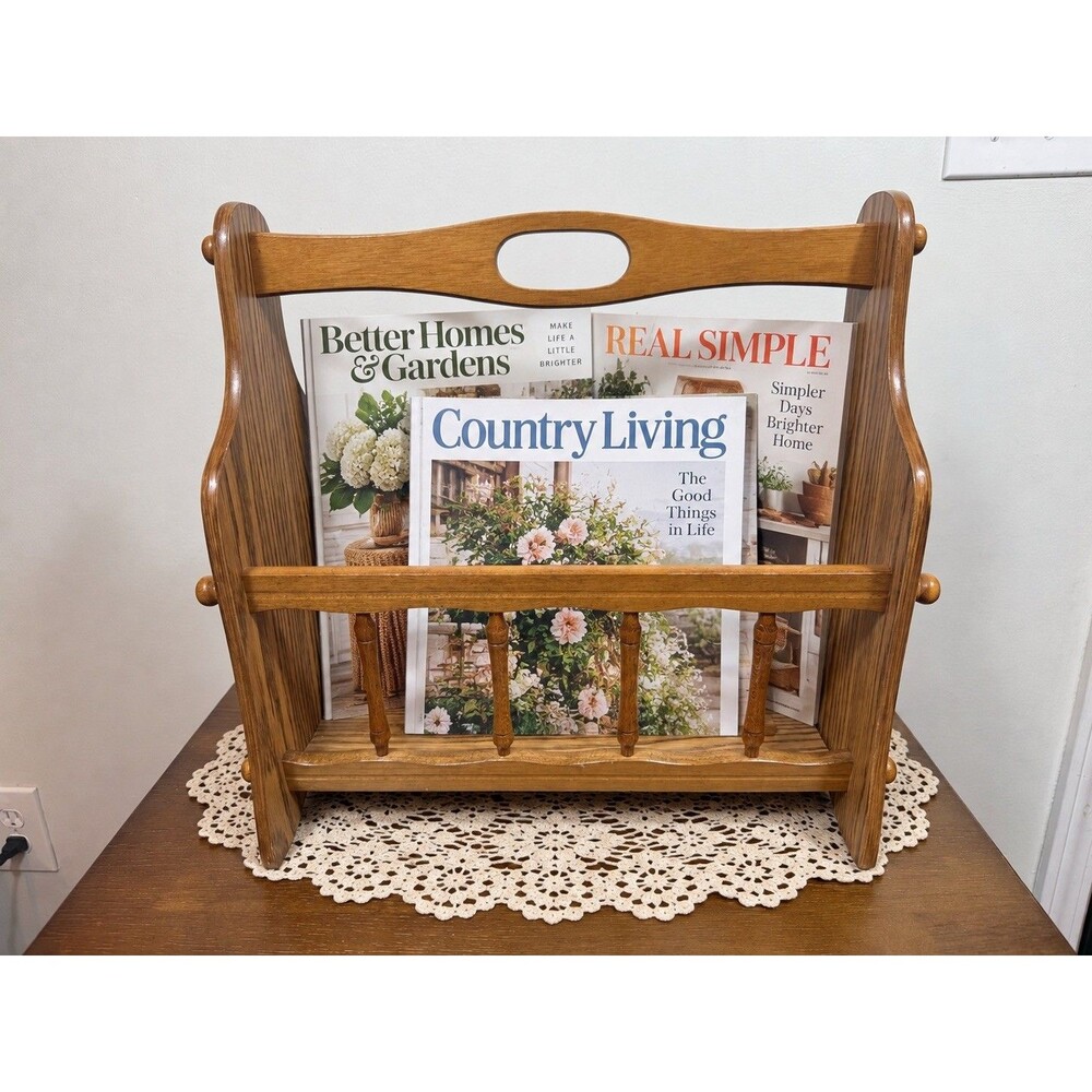 Vintage Deluxe Wooden Magazine Rack Holder Oak Cottagecore Farmhouse W Spindles